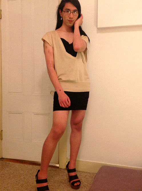 A animated GIF of several photos of Marina posing in a femme outfit.
