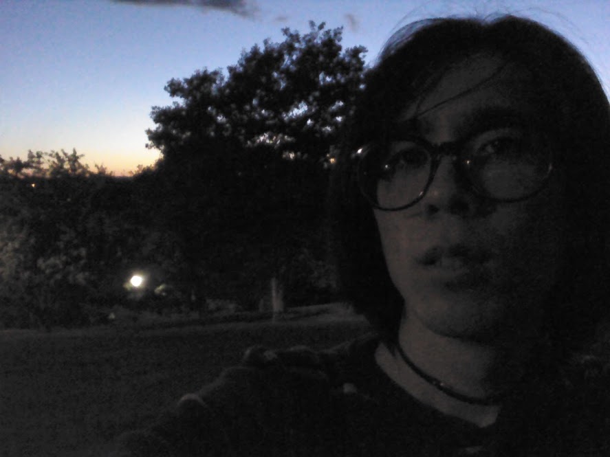 Melancholy, grainy photo of Marina sitting in a park at night.