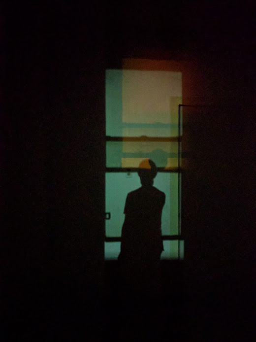 Photo of Marina's silhouette in her dark, empty apartment.