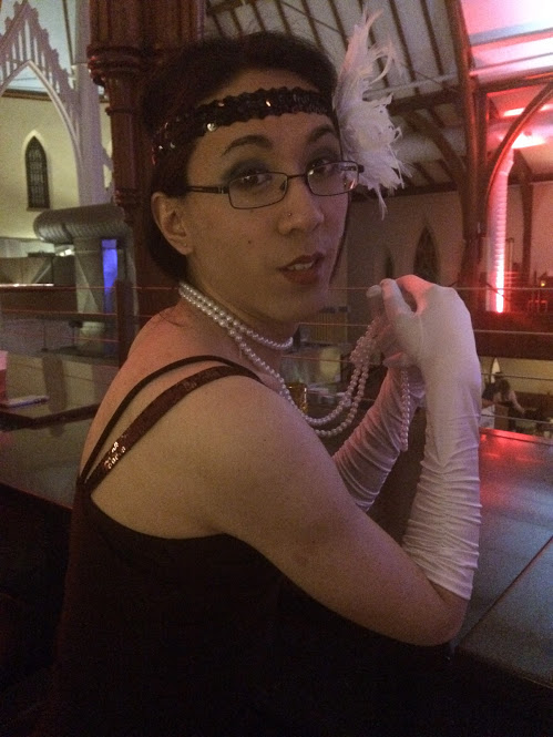 Marina at the party, dressed as a flapper.